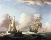 Monamy, Peter, A Small Sailing boat and a merchantman at sea in a rising Wind